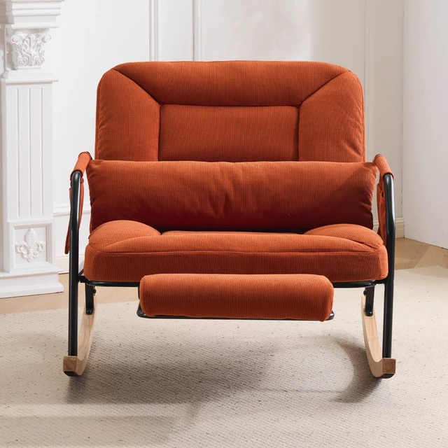 Alt view image 2 of 7 - Corduroy Rocking Chair Pull-Out Footrest, Adjustable Backrest 100°-160° Glider Rocker Recliner with Side Pocket