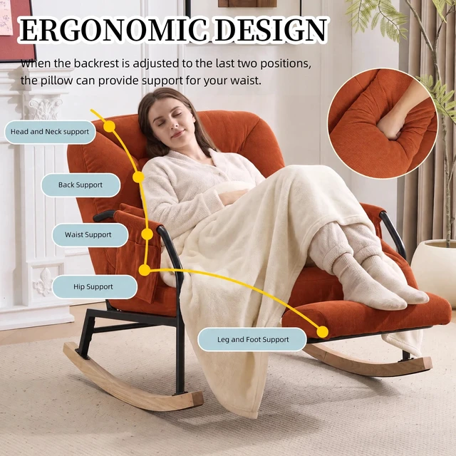 Alt view image 4 of 7 - Corduroy Rocking Chair Pull-Out Footrest, Adjustable Backrest 100°-160° Glider Rocker Recliner with Side Pocket