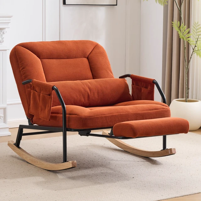 Main image of Corduroy Rocking Chair Pull-Out Footrest, Adjustable Backrest 100°-160° Glider Rocker Recliner with Side Pocket