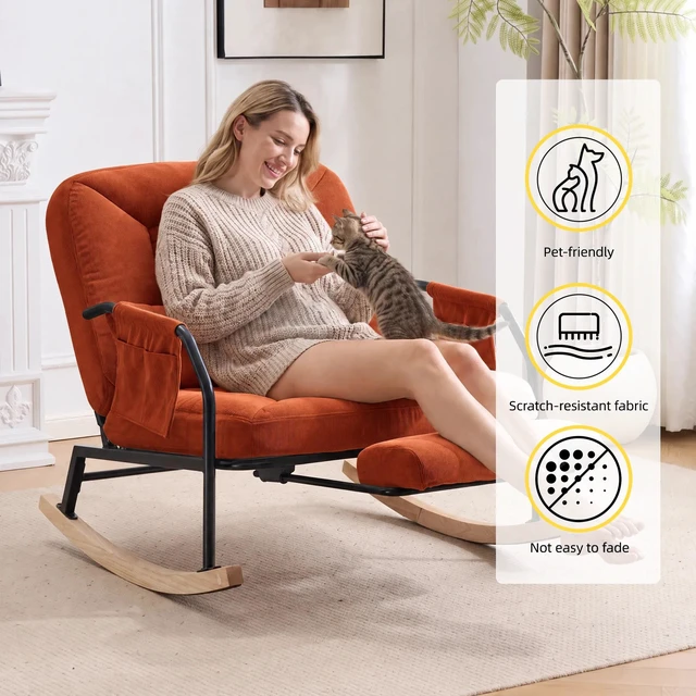 Alt view image 5 of 7 - Corduroy Rocking Chair Pull-Out Footrest, Adjustable Backrest 100°-160° Glider Rocker Recliner with Side Pocket