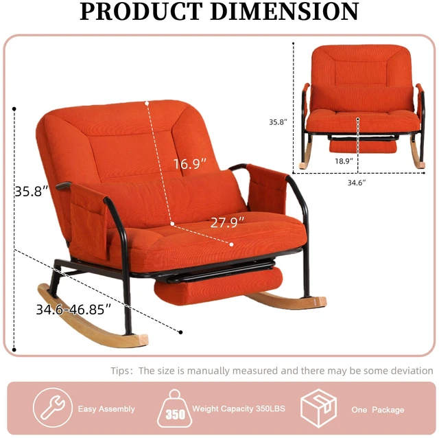Alt view image 3 of 7 - Corduroy Rocking Chair Pull-Out Footrest, Adjustable Backrest 100°-160° Glider Rocker Recliner with Side Pocket