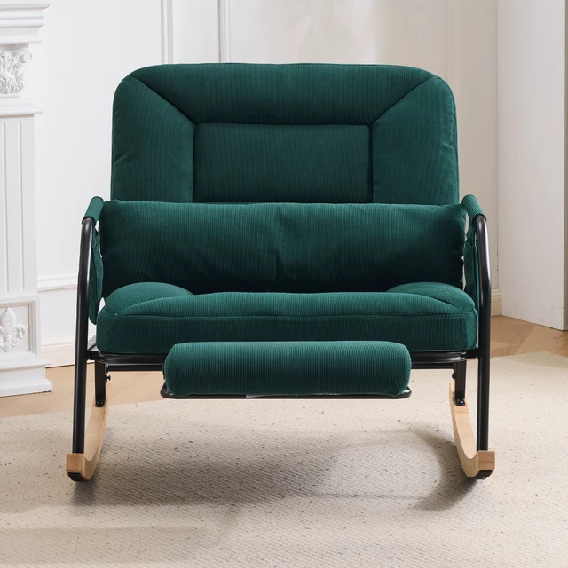 Alt view image 2 of 7 - Corduroy Rocking Chair Pull-Out Footrest, Adjustable Backrest 100°-160° Glider Rocker Recliner with Side Pocket