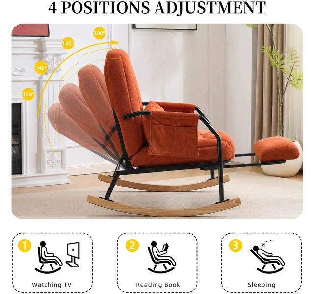Alt view image 7 of 7 - Corduroy Rocking Chair Pull-Out Footrest, Adjustable Backrest 100°-160° Glider Rocker Recliner with Side Pocket
