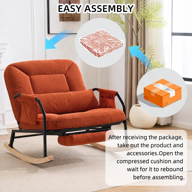 Alt view image 6 of 7 - Corduroy Rocking Chair Pull-Out Footrest, Adjustable Backrest 100°-160° Glider Rocker Recliner with Side Pocket