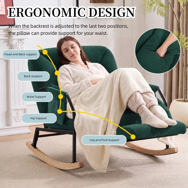 Alt view image 4 of 7 - Corduroy Rocking Chair Pull-Out Footrest, Adjustable Backrest 100°-160° Glider Rocker Recliner with Side Pocket