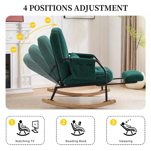 Alt view image 6 of 7 - Corduroy Rocking Chair Pull-Out Footrest, Adjustable Backrest 100°-160° Glider Rocker Recliner with Side Pocket