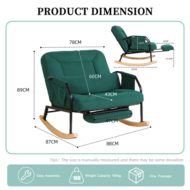 Alt view image 3 of 7 - Corduroy Rocking Chair Pull-Out Footrest, Adjustable Backrest 100°-160° Glider Rocker Recliner with Side Pocket