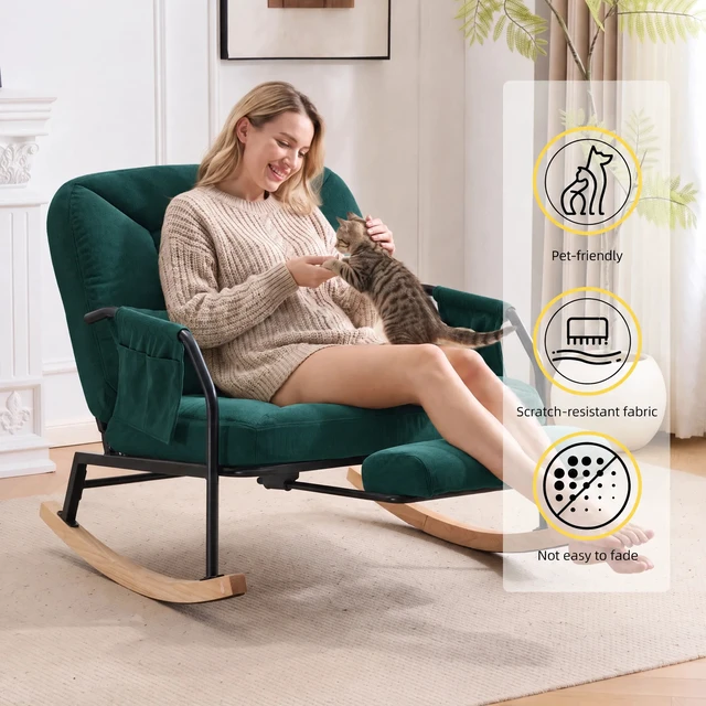 Alt view image 5 of 7 - Corduroy Rocking Chair Pull-Out Footrest, Adjustable Backrest 100°-160° Glider Rocker Recliner with Side Pocket