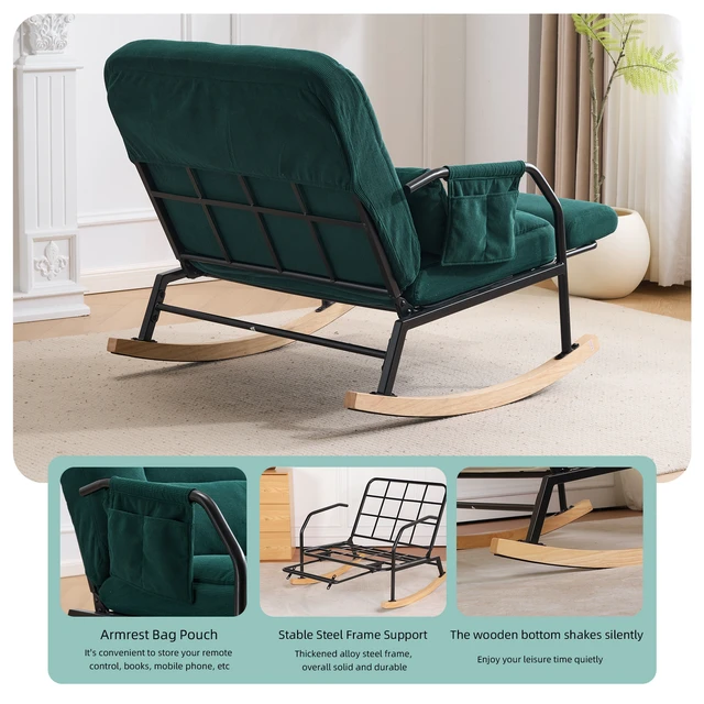 Alt view image 7 of 7 - Corduroy Rocking Chair Pull-Out Footrest, Adjustable Backrest 100°-160° Glider Rocker Recliner with Side Pocket