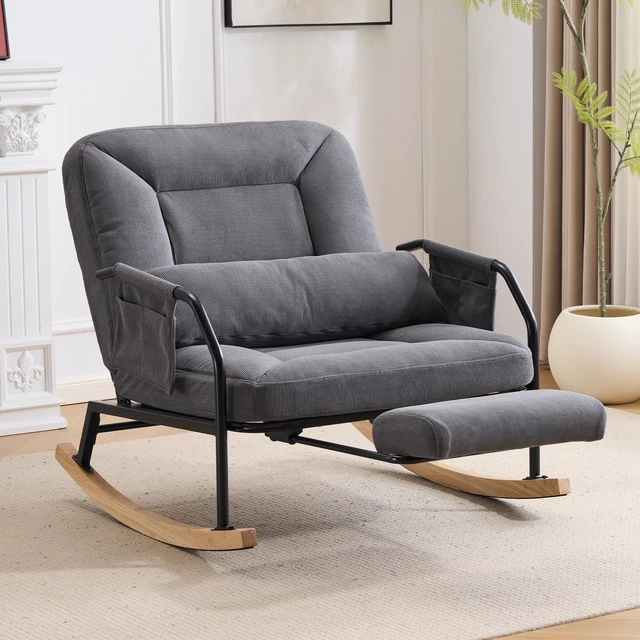 Main image of Corduroy Rocking Chair Pull-Out Footrest, Adjustable Backrest 100°-160° Glider Rocker Recliner with Side Pocket