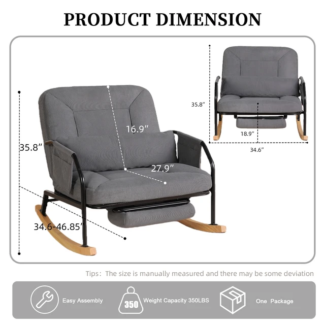 Alt view image 3 of 7 - Corduroy Rocking Chair Pull-Out Footrest, Adjustable Backrest 100°-160° Glider Rocker Recliner with Side Pocket