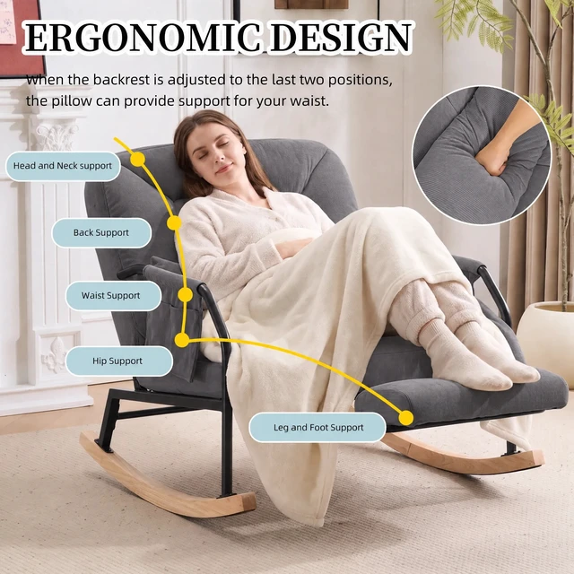 Alt view image 4 of 7 - Corduroy Rocking Chair Pull-Out Footrest, Adjustable Backrest 100°-160° Glider Rocker Recliner with Side Pocket