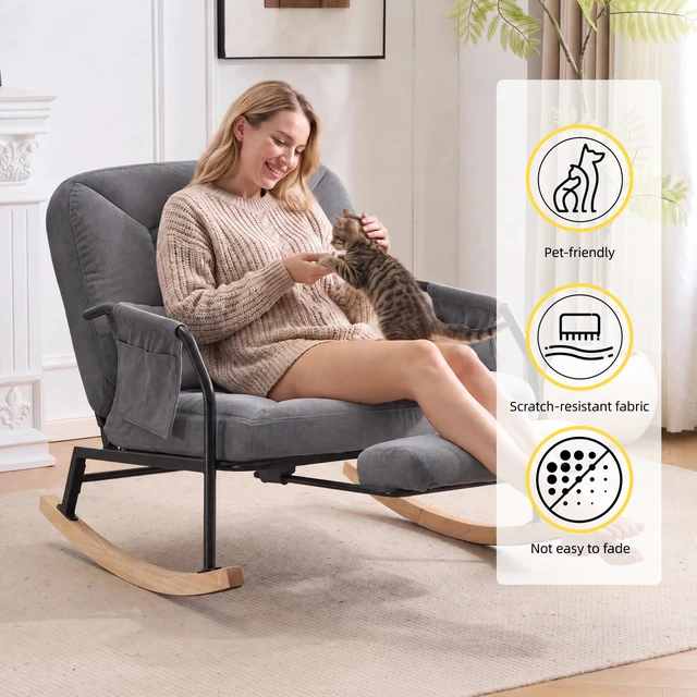 Alt view image 5 of 7 - Corduroy Rocking Chair Pull-Out Footrest, Adjustable Backrest 100°-160° Glider Rocker Recliner with Side Pocket
