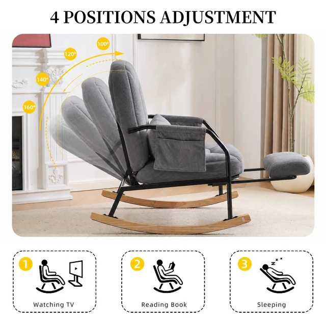 Alt view image 6 of 7 - Corduroy Rocking Chair Pull-Out Footrest, Adjustable Backrest 100°-160° Glider Rocker Recliner with Side Pocket