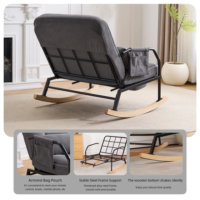 Alt view image 7 of 7 - Corduroy Rocking Chair Pull-Out Footrest, Adjustable Backrest 100°-160° Glider Rocker Recliner with Side Pocket