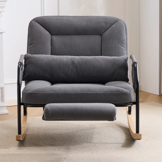 Alt view image 2 of 7 - Corduroy Rocking Chair Pull-Out Footrest, Adjustable Backrest 100°-160° Glider Rocker Recliner with Side Pocket