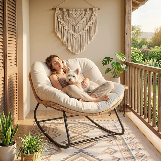 Alt view image 2 of 7 - Papasan Rocking Chair, Wicker Indoor Outdoor Rocking Papasan Chair with Cushion Rattan Outdoor Rocker Egg for Living
