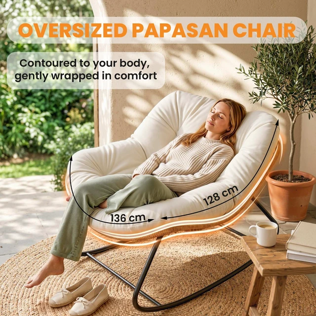 Alt view image 6 of 7 - Papasan Rocking Chair, Wicker Indoor Outdoor Rocking Papasan Chair with Cushion Rattan Outdoor Rocker Egg for Living