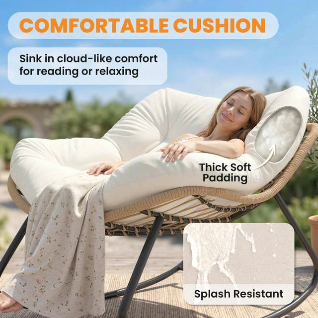 Alt view image 5 of 7 - Papasan Rocking Chair, Wicker Indoor Outdoor Rocking Papasan Chair with Cushion Rattan Outdoor Rocker Egg for Living