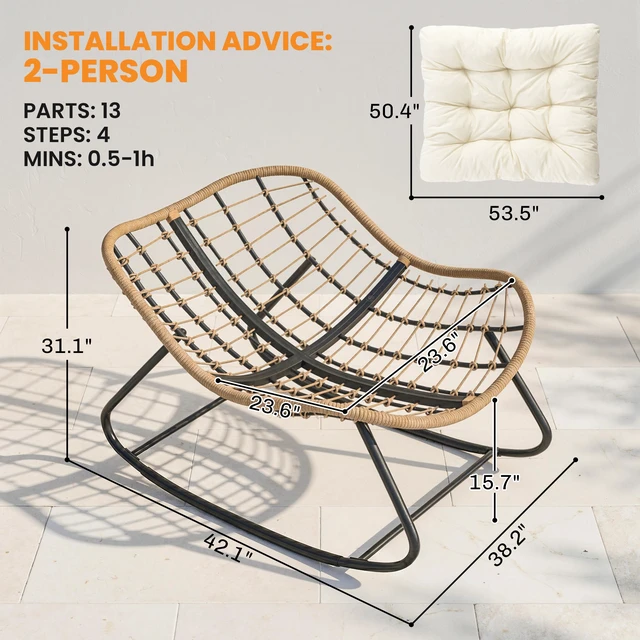 Alt view image 7 of 7 - Papasan Rocking Chair, Wicker Indoor Outdoor Rocking Papasan Chair with Cushion Rattan Outdoor Rocker Egg for Living