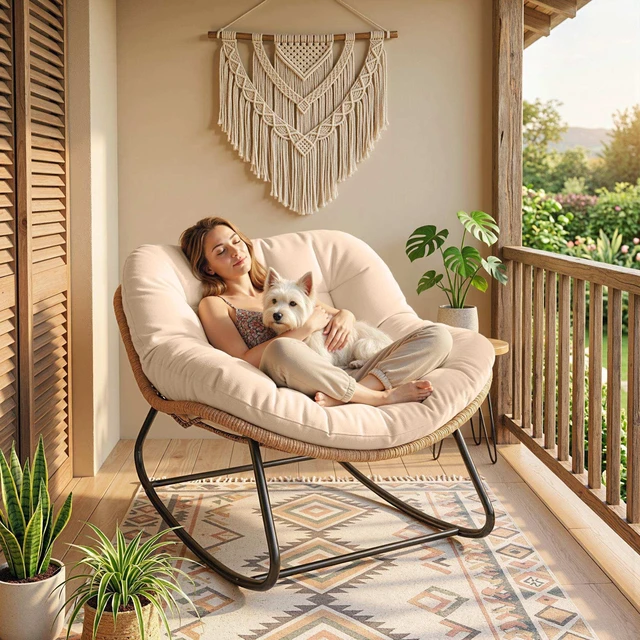 Alt view image 2 of 7 - Papasan Rocking Chair, Wicker Indoor Outdoor Rocking Papasan Chair with Cushion Rattan Outdoor Rocker Egg for Living