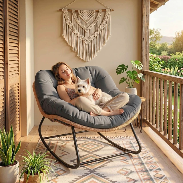 Alt view image 2 of 7 - Papasan Rocking Chair, Wicker Indoor Outdoor Rocking Papasan Chair with Cushion Rattan Outdoor Rocker Egg for Living