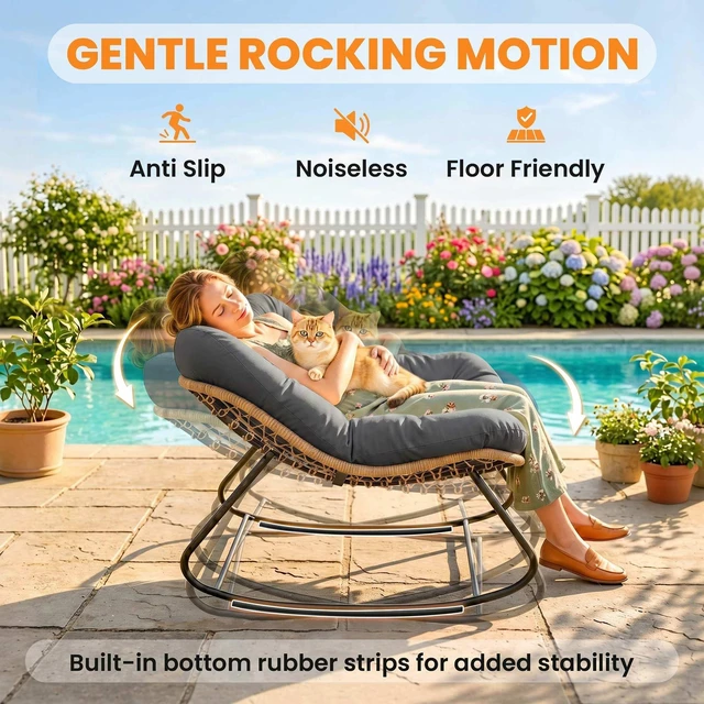 Alt view image 4 of 7 - Papasan Rocking Chair, Wicker Indoor Outdoor Rocking Papasan Chair with Cushion Rattan Outdoor Rocker Egg for Living