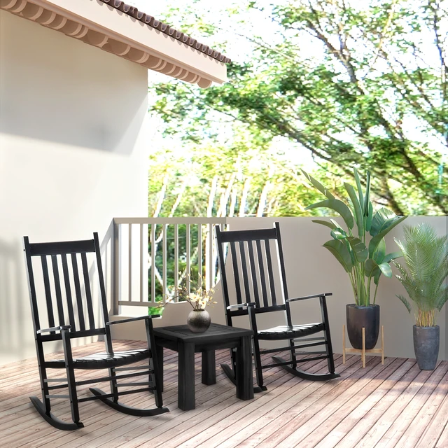 Alt view image 2 of 7 - Outdoor Rocking Chair, Patio Wooden Rocking Chair with Smooth Armrests High Back for Garden Supports 353 LBS, Black