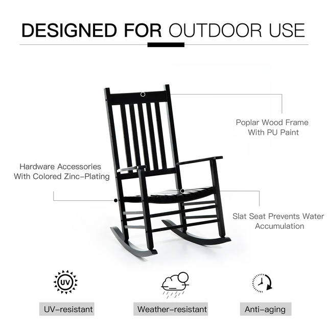 Alt view image 7 of 7 - Outdoor Rocking Chair, Patio Wooden Rocking Chair with Smooth Armrests High Back for Garden Supports 353 LBS, Black
