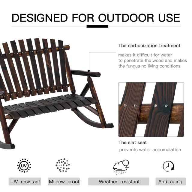 Alt view image 5 of 7 - Outdoor Wooden Rocking Chair, Double Person Adirondack Rocker with Slatted Seat High Backrest Armrests for Patio Garden