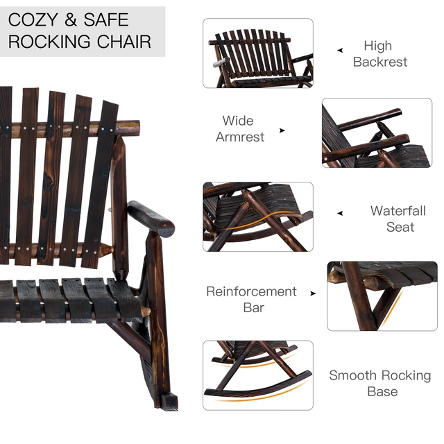 Alt view image 4 of 7 - Outdoor Wooden Rocking Chair, Double Person Adirondack Rocker with Slatted Seat High Backrest Armrests for Patio Garden