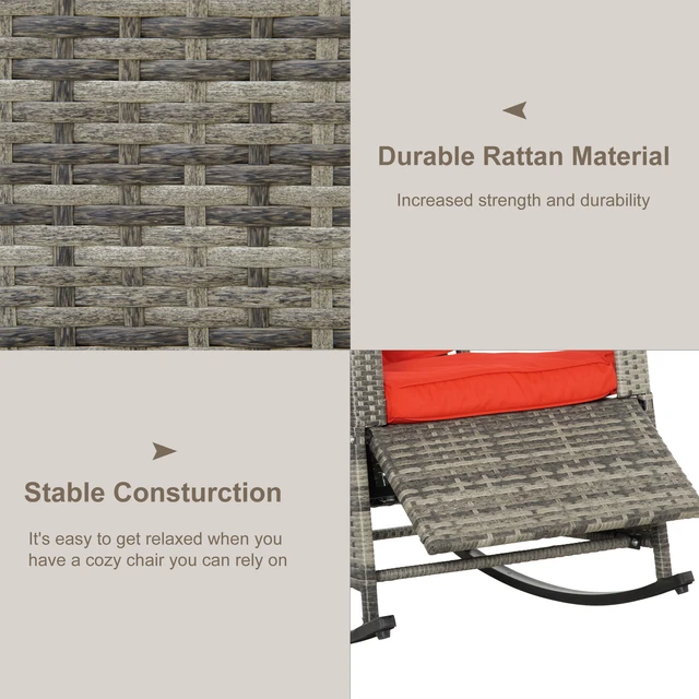 Alt view image 4 of 7 - Wicker Outdoor Rocking Chair, Patio Recliner with Adjustment Backrest Rattan Lounge Chair with Adjustable Footrest