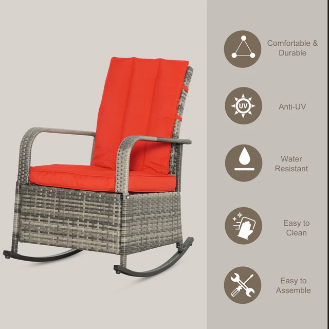 Alt view image 6 of 7 - Wicker Outdoor Rocking Chair, Patio Recliner with Adjustment Backrest Rattan Lounge Chair with Adjustable Footrest