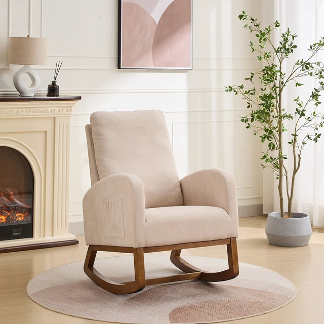 Main image of 27 Inch Rocking Chair, Polyester Glider Chair with High Back and Side Pocket Rocking Accent Armchair with Rubber Wood