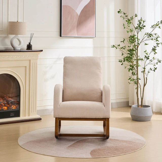 Alt view image 3 of 7 - 27 Inch Rocking Chair, Polyester Glider Chair with High Back and Side Pocket Rocking Accent Armchair with Rubber Wood
