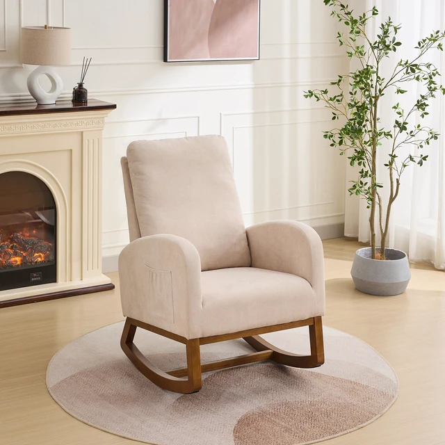 Alt view image 2 of 7 - 27 Inch Rocking Chair, Polyester Glider Chair with High Back and Side Pocket Rocking Accent Armchair with Rubber Wood