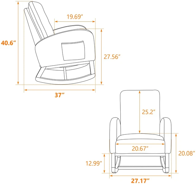 Alt view image 4 of 7 - 27 Inch Rocking Chair, Polyester Glider Chair with High Back and Side Pocket Rocking Accent Armchair with Rubber Wood