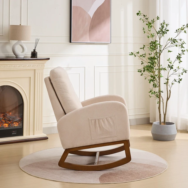 Alt view image 5 of 7 - 27 Inch Rocking Chair, Polyester Glider Chair with High Back and Side Pocket Rocking Accent Armchair with Rubber Wood