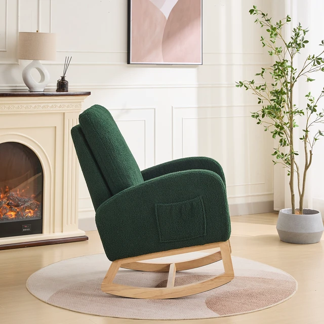 Alt view image 3 of 7 - 27 Inch Rocking Chair, Sherpa Glider Chair with High Back and Side Pocket Rocking Accent Armchair with Rubber Wood