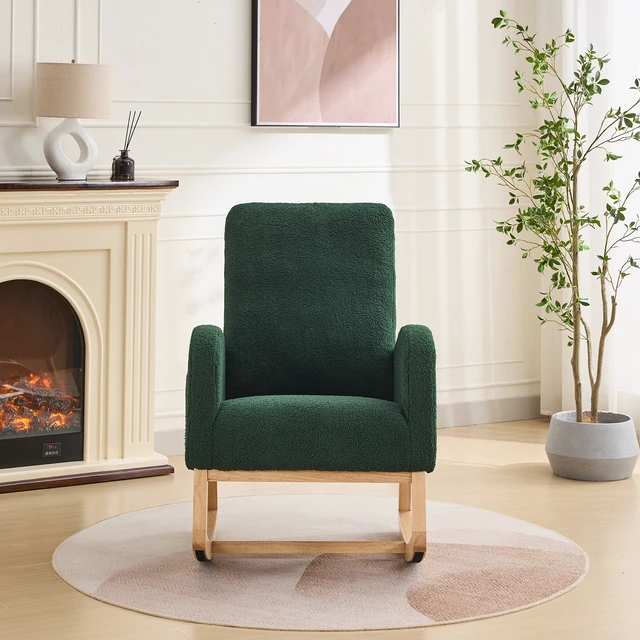 Alt view image 2 of 7 - 27 Inch Rocking Chair, Sherpa Glider Chair with High Back and Side Pocket Rocking Accent Armchair with Rubber Wood
