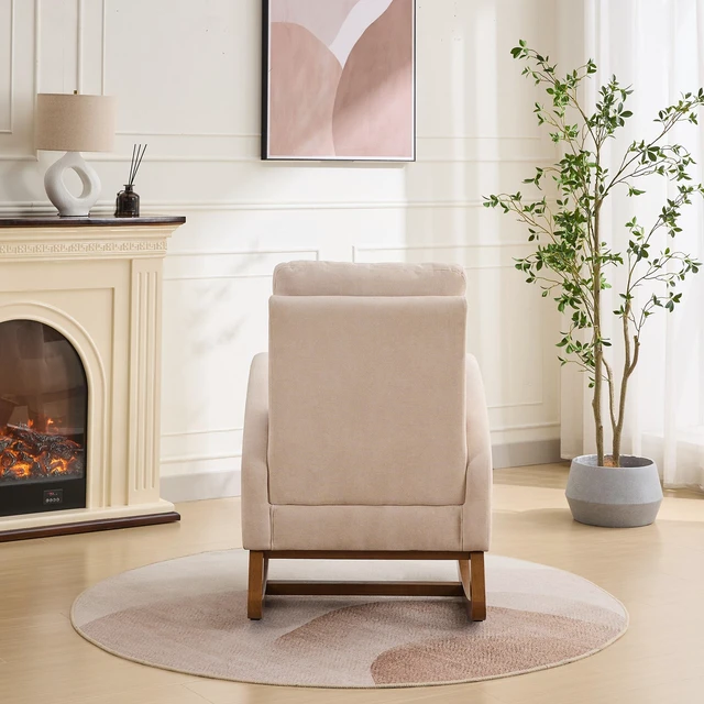 Alt view image 6 of 7 - 27 Inch Rocking Chair, Polyester Glider Chair with High Back and Side Pocket Rocking Accent Armchair with Rubber Wood