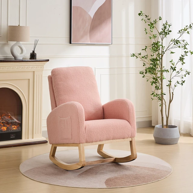 Main image of 27 Inch Rocking Chair, Sherpa Glider Chair with High Back and Side Pocket Rocking Accent Armchair with Rubber Wood