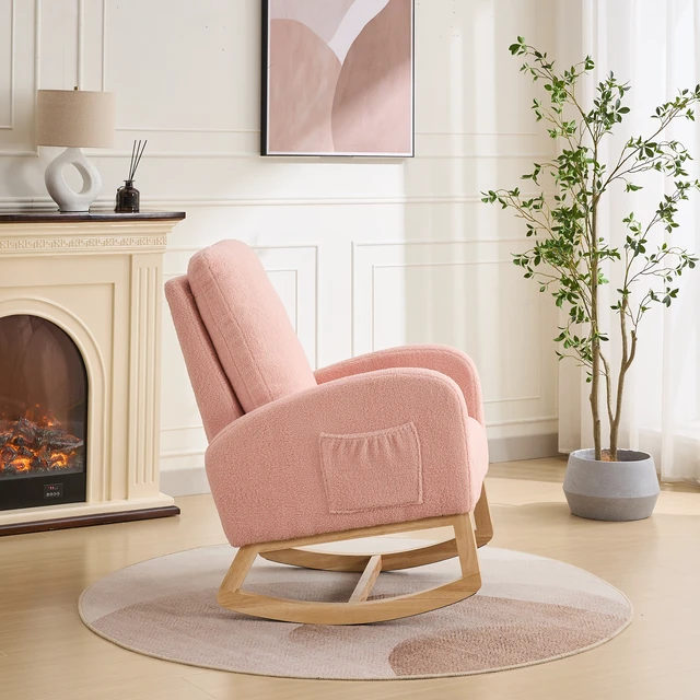 Alt view image 3 of 7 - 27 Inch Rocking Chair, Sherpa Glider Chair with High Back and Side Pocket Rocking Accent Armchair with Rubber Wood