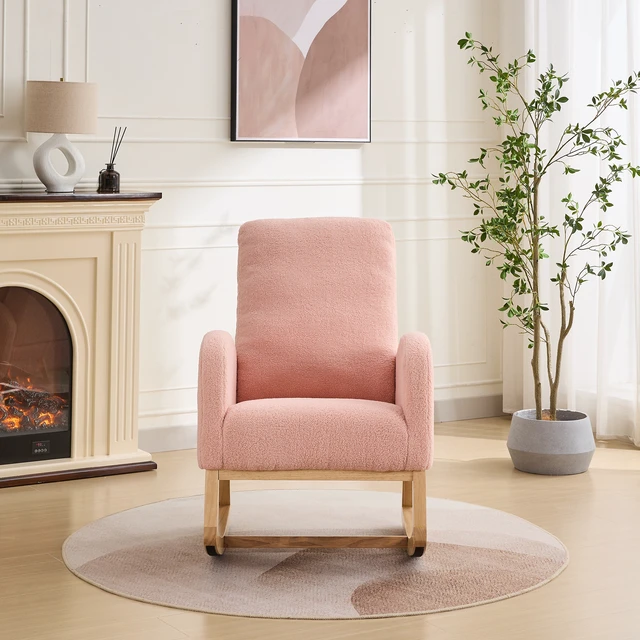 Alt view image 2 of 7 - 27 Inch Rocking Chair, Sherpa Glider Chair with High Back and Side Pocket Rocking Accent Armchair with Rubber Wood