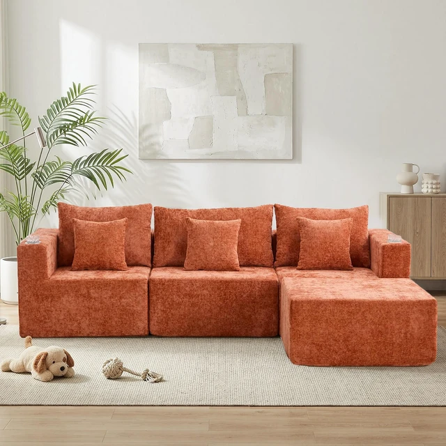 Main image of Chenille Modular l Shaped Sectional Sofa with Chaise, Couch with Cup Holders and Side Storage Pockets Cushion Sofa