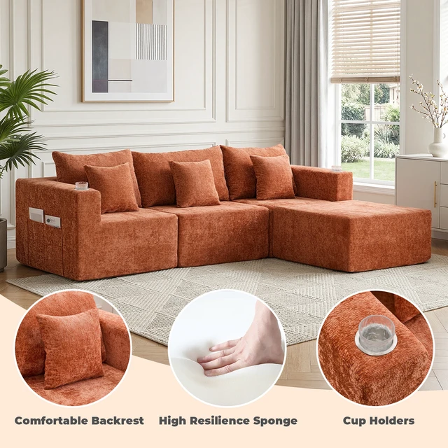 Alt view image 3 of 7 - Chenille Modular l Shaped Sectional Sofa with Chaise, Couch with Cup Holders and Side Storage Pockets Cushion Sofa