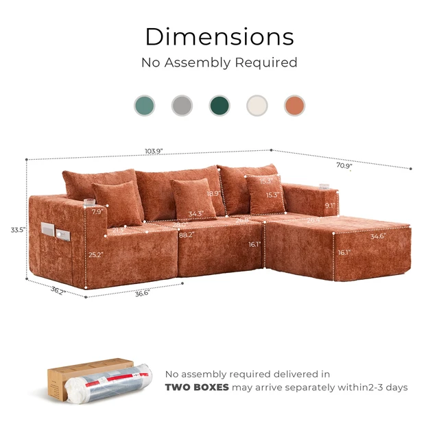 Alt view image 2 of 7 - Chenille Modular l Shaped Sectional Sofa with Chaise, Couch with Cup Holders and Side Storage Pockets Cushion Sofa