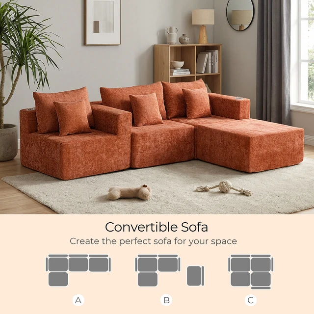 Alt view image 4 of 7 - Chenille Modular l Shaped Sectional Sofa with Chaise, Couch with Cup Holders and Side Storage Pockets Cushion Sofa