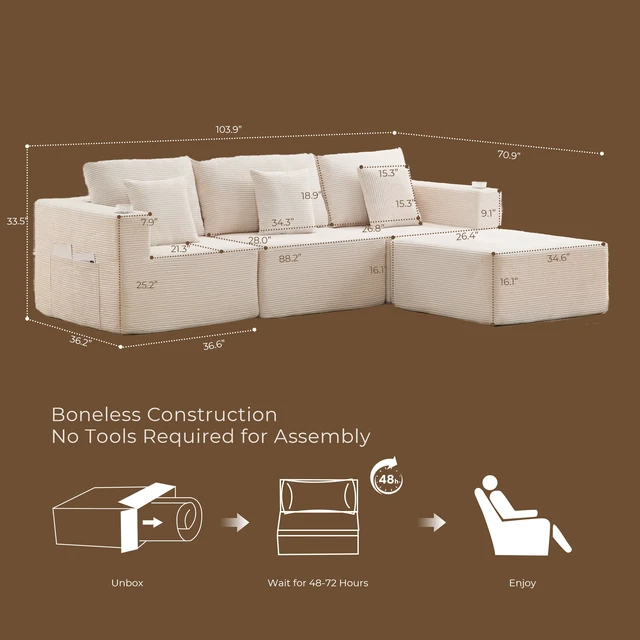 Alt view image 3 of 7 - Chenille Modular l Shaped Sectional Sofa with Chaise, Couch with Cup Holders and Side Storage Pockets Cushion Sofa