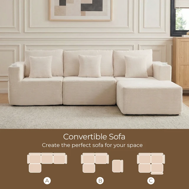 Alt view image 2 of 7 - Chenille Modular l Shaped Sectional Sofa with Chaise, Couch with Cup Holders and Side Storage Pockets Cushion Sofa